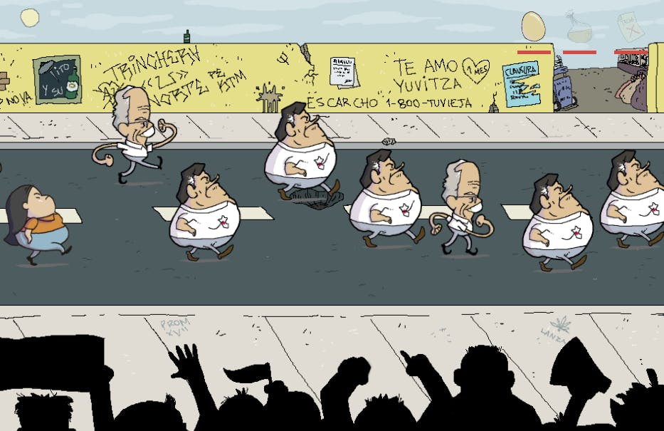Esta imagen muestra Elecciones LOL en acción. Se ve personajes políticos peruanos siendo atacados con huevos.